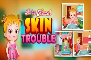 Mała dziewczynka z blond włosami w różowej sukience na kolorowym tle z dużymi napisami Baby Hazel Skin Trouble oraz trzema małymi obrazkami pokazującymi różne sceny z jej udziałem