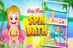 Dziecko z uśmiechem siedzące na fotelu w różowej sukience, z napisem Baby Hazel Spa Bath oraz dwoma obrazkami, jednym z plażą i morzem, drugim z wanną i łazienką w tle
