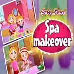 Uśmiechnięta dziewczynka w różowej sukience obok napisu Spa Makeover oraz dwa mniejsze obrazy przedstawiające dziewczynkę w różnych scenkach