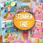 Postać uśmiechniętej dziewczynki z blond włosami na tle ilustracji przedstawiających sceny opieki w domu, z dużym napisem Stomach Care