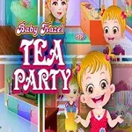 Dziewczynka z blond włosami organizująca przyjęcie herbaciane, przedstawiona w różnych scenach z zabawkami i naczyniami