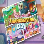 Dziewczynka w różowym ubraniu trzyma tacę w kuchni, obok kolażu zdjęć z motywami Święta Dziękczynienia