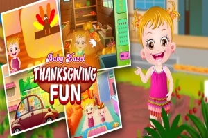 Dziewczynka z jasnymi włosami w różowej sukience uśmiecha się, z kolorowymi scenkami w tle i napisem Baby Hazel Thanksgiving Fun