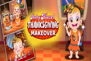 Dziewczynka w pomarańczowej sukience z motywem indyka i kolorowym pióropuszem na głowie, uśmiechnięta na tle napisu Baby Hazel Thanksgiving Makeover