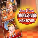 Dziewczynka w pomarańczowej sukience z motywem indyka i kolorowym pióropuszem na głowie, uśmiechnięta na tle napisu Baby Hazel Thanksgiving Makeover