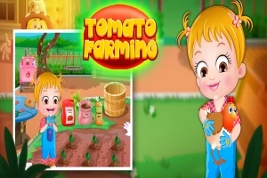 Postać trzymająca kurczaka na tle farmy z rosnącymi pomidorami i żółtą tabliczką z napisem Tomato Farming