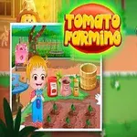 Postać trzymająca kurczaka na tle farmy z rosnącymi pomidorami i żółtą tabliczką z napisem Tomato Farming