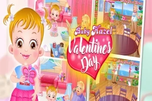 Mała dziewczynka z blond włosami trzyma serduszko, w tle kolorowa scena z napisem Valentines Day