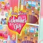 Mała dziewczynka z blond włosami trzyma serduszko, w tle kolorowa scena z napisem Valentines Day