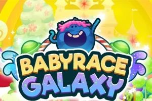 Kolorowa ilustracja z uśmiechniętym niebieskim stworem na tle tęczy i cukierków z dużym napisem Babyrace Galaxy