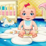 Urocze niemowlę z różową kokardką na głowie siedzi na białym dywanie w dziecięcym pokoju, obok butelka i zabawki