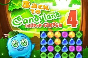Kolorowa postać z liściem na głowie obok planszy z kolorowymi cukierkami w układzie w siatce oraz napisem Back to Candyland 4 Lollipop Garden