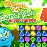 Kolorowa postać z liściem na głowie obok planszy z kolorowymi cukierkami w układzie w siatce oraz napisem Back to Candyland 4 Lollipop Garden