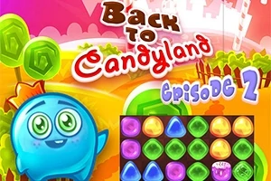 Kolorowa grafika z uśmiechniętą niebieską postacią, żelkami w różnych kolorach i napisem „Back to Candyland Episode 2” na kolorowym tle