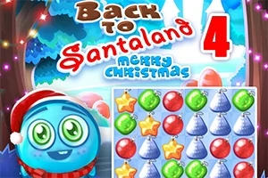 Świąteczny motyw z postacią w czapce Mikołaja, kolorowymi ozdobami i napisami Back to Santaland 4 Merry Christmas