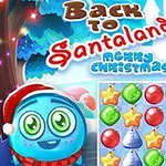 Świąteczny motyw z postacią w czapce Mikołaja, kolorowymi ozdobami i napisami Back to Santaland 4 Merry Christmas