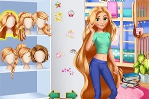 Dziewczyna o długich, falujących włosach stoi w pokoju z półką pełną peruk i fryzur, ubrana w zielony top i niebieskie spodnie