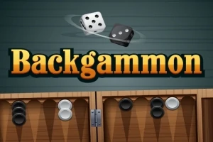 Napis „Backgammon” na tle drewnianej planszy z czarnymi i białymi pionkami oraz dwoma kostkami