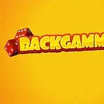 Czerwone kostki do gry i napis BACKGAMMONIA na żółtym tle