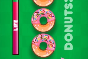 Trzy pączki z różowym lukrem i posypką na zielonym tle, obok pionowy wskaźnik życia i napis DONUTS
