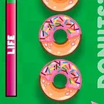 Trzy pączki z różowym lukrem i posypką na zielonym tle, obok pionowy wskaźnik życia i napis DONUTS
