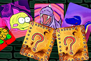 Kolorowe karty z rysunkami stworzeń, na tle muru z cegieł