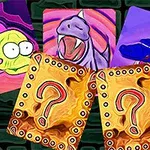 Kolorowe karty z rysunkami stworzeń, na tle muru z cegieł