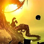 Czarna kulka na tle żółto-pomarańczowego krajobrazu z fantazyjnym drzewem i cieniami w tle