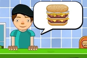 Postać kreskówkowa w czapce stoi za ladą, myśląc o burgerze z serem i dodatkami w chmurce dialogowej