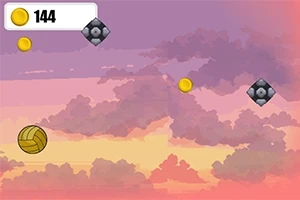 Zachmurzone niebo o zachodzie słońca z licznikiem monet i unoszącym się balonem w kształcie piłki do siatkówki oraz przeszkodami w postaci kolczastych kul