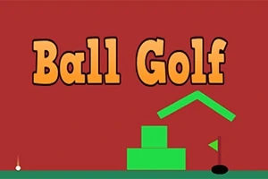 Napis Ball Golf na czerwonym tle z prostymi kształtami geometrycznymi i flagą do golfa na zielonej platformie