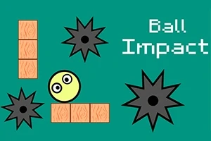 Żółta kulka z oczami otoczona kolcami i cegłami na zielonym tle z tekstem Ball Impact