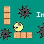 Żółta kulka z oczami otoczona kolcami i cegłami na zielonym tle z tekstem Ball Impact