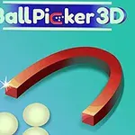 Czerwony magnes w kształcie podkowy przyciąga białe kulki na zielonym tle, z napisem Ball Picker 3D na górze