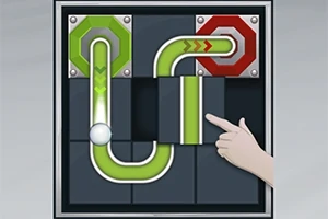 Układanka logiczna z przesuwanymi, kolorowymi rurkami, kulką oraz ręką wskazującą kierunek