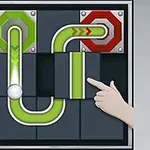 Układanka logiczna z przesuwanymi, kolorowymi rurkami, kulką oraz ręką wskazującą kierunek