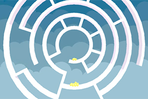 Białe, koncentryczne labirynty na niebieskim, chmurowym tle z żółtymi kulkami w środku