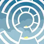 Białe, koncentryczne labirynty na niebieskim, chmurowym tle z żółtymi kulkami w środku