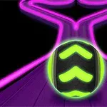 Zielono-czarna piłka toczy się po fioletowej ścieżce z różowym, neonowym konturem na ciemnym tle