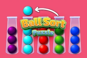 Kolorowe kulki w probówkach na różowym tle z tekstem Ball Sort Puzzle