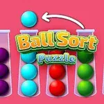 Kolorowe kulki w probówkach na różowym tle z tekstem Ball Sort Puzzle