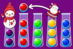 Śnieżny bałwan i Święty Mikołaj trzymający czerwoną kulę nad probówkami wypełnionymi kolorowymi kulami na fioletowym tle