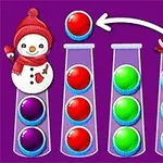 Śnieżny bałwan i Święty Mikołaj trzymający czerwoną kulę nad probówkami wypełnionymi kolorowymi kulami na fioletowym tle