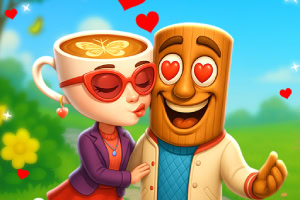 Postać z drewnianą twarzą i sercowymi oczami obok kobiety z filiżanką jako głową, w okularach w kształcie serc, na tle zielonego pejzażu i unoszących się serc