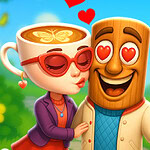 Postać z drewnianą twarzą i sercowymi oczami obok kobiety z filiżanką jako głową, w okularach w kształcie serc, na tle zielonego pejzażu i unoszących się serc