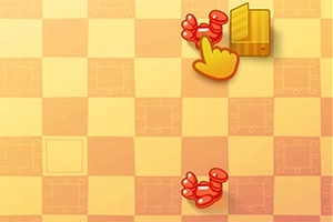 Ręka wskazująca na czerwony przycisk i żółty przycisk na szachownicowym tle