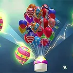 Kolorowe balony z różnymi wzorami i flagami unoszące się nad świecącą, magiczną skrzynką, obok której znajduje się rysunkowa ręka trzymająca świecący guzik