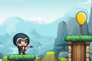 Postać w kapturze strzela z łuku w kierunku żółtego balonika na tle górskiego pejzażu