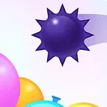 Kolorowe balony i fioletowy, kolczasty obiekt na jasnym tle