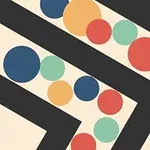 Czarne kształty przypominające węża z kolorowymi kółkami w labiryncie na beżowym tle